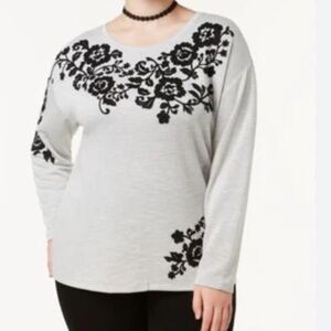 INC International Concepts top. Size L. Light gray with black floral appliqués.